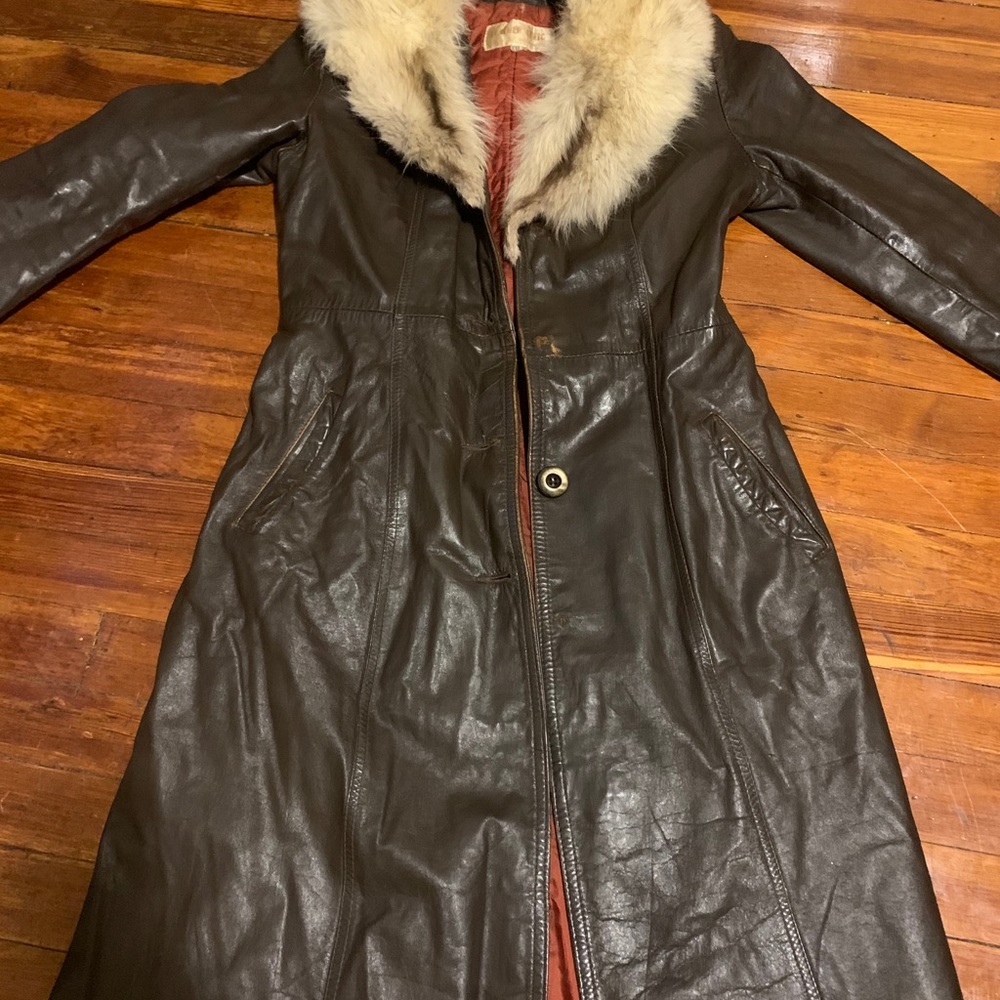 Vintage genuine leather fox fur collar Trenchcoat